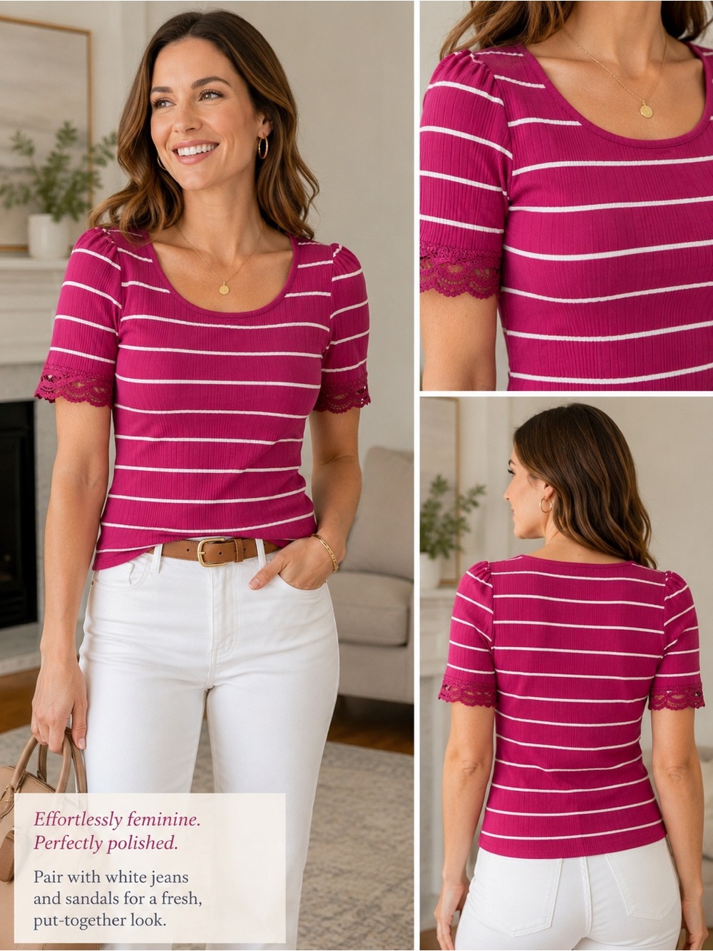 Talbots XS Pink Stripe Ribbed Knit Top Lace Sleeve Trim NWT